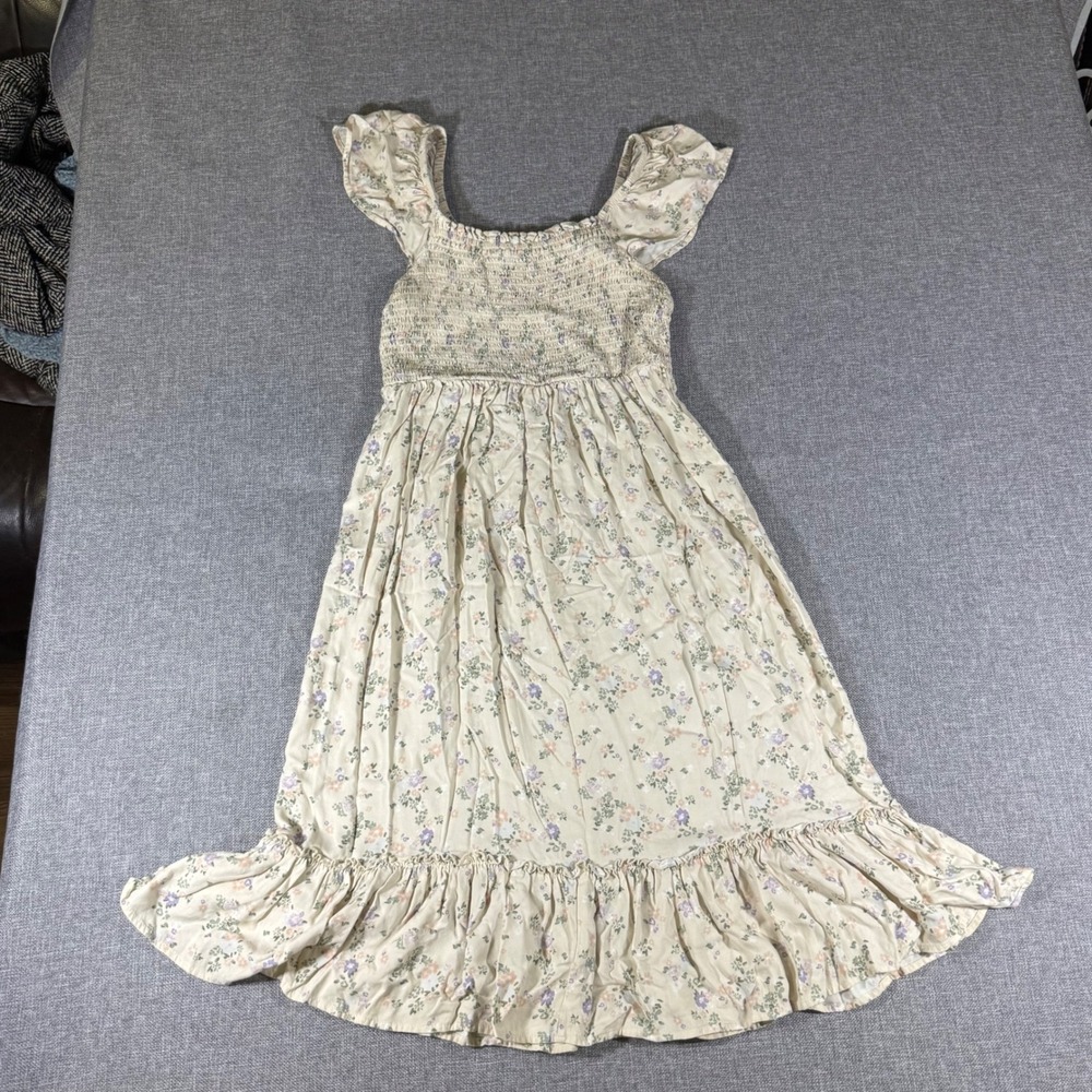 Floral Midi Dress Women Small Cap Sleeve Ruffle Smocked Cottagecore Prairie Boho